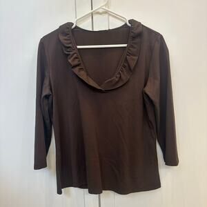 J. McLaughlin Chocolate Brown Durham Ruffle Top Catalina Cloth V Neck Size L